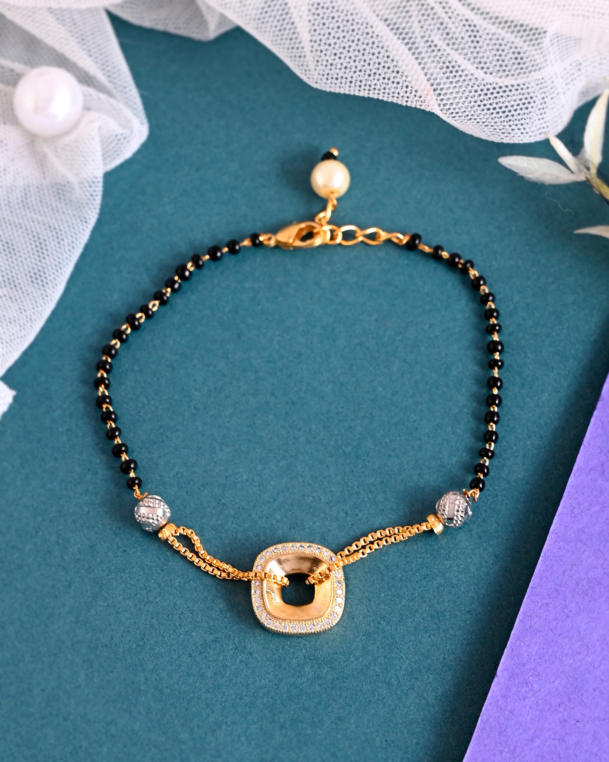 Mahi Meenakari Work Evil Eye Mangalsutra Bracelet with Black Beads for