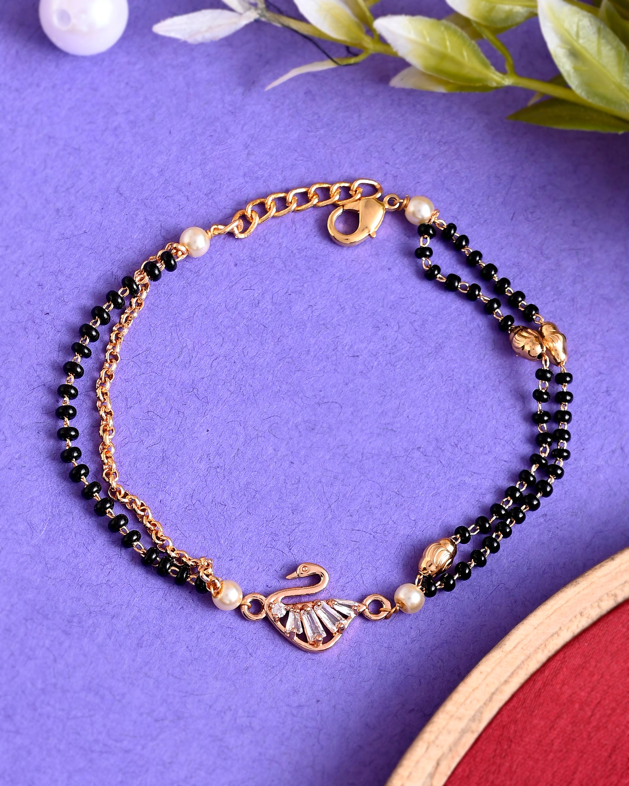 Mahi Dual Chain Heart Beat Charm Mangalsutra Bracelet with Beads for W